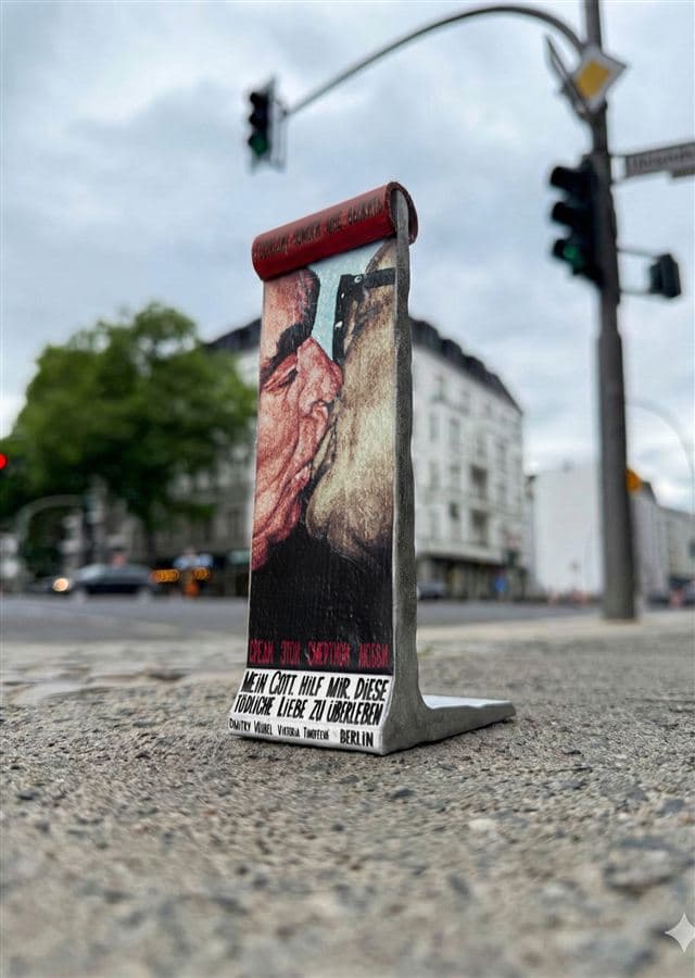 A BRUDERKUSS Wall Piece standing on Berlin asphalt with a street crossing behind it